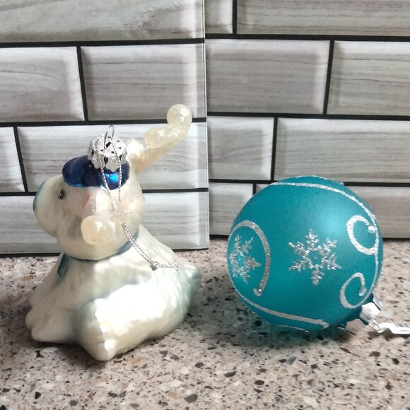 DUO: Vintage Blown Glass Reindeer & NWT Blue Glass Ornaments - Picture 6 of 7